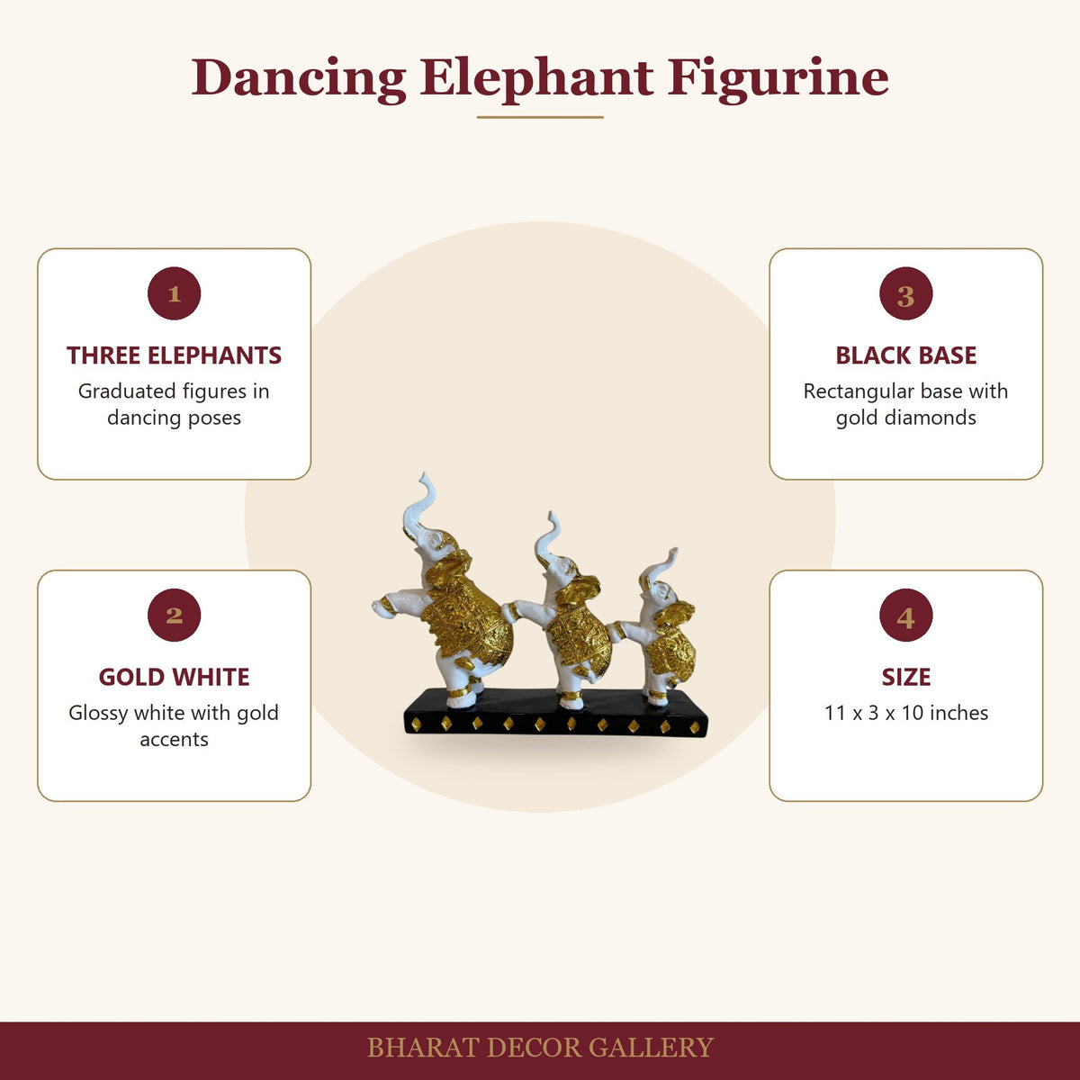 3-Piece Dancing Elephant Figurine - Gold and White - features