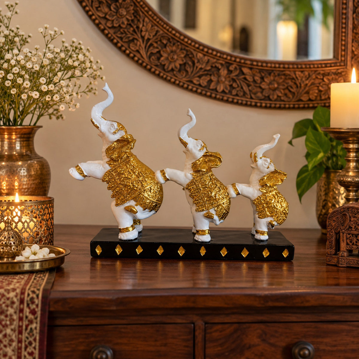 3-Piece Dancing Elephant Figurine - Gold and White room decor idea