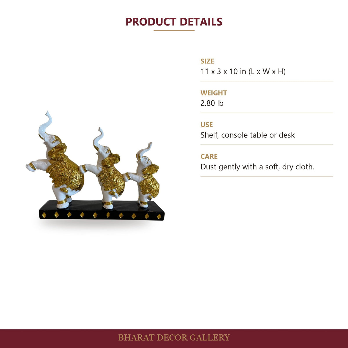 3-Piece Dancing Elephant Figurine - Gold and White - size and details