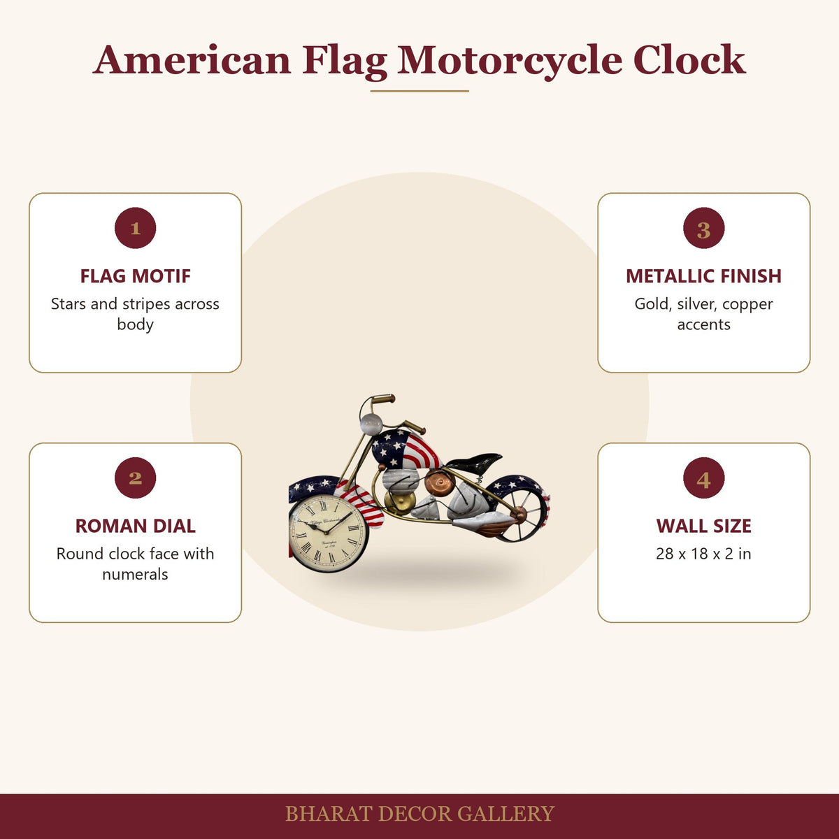 American Flag Motorcycle Wall Clock Decor - features