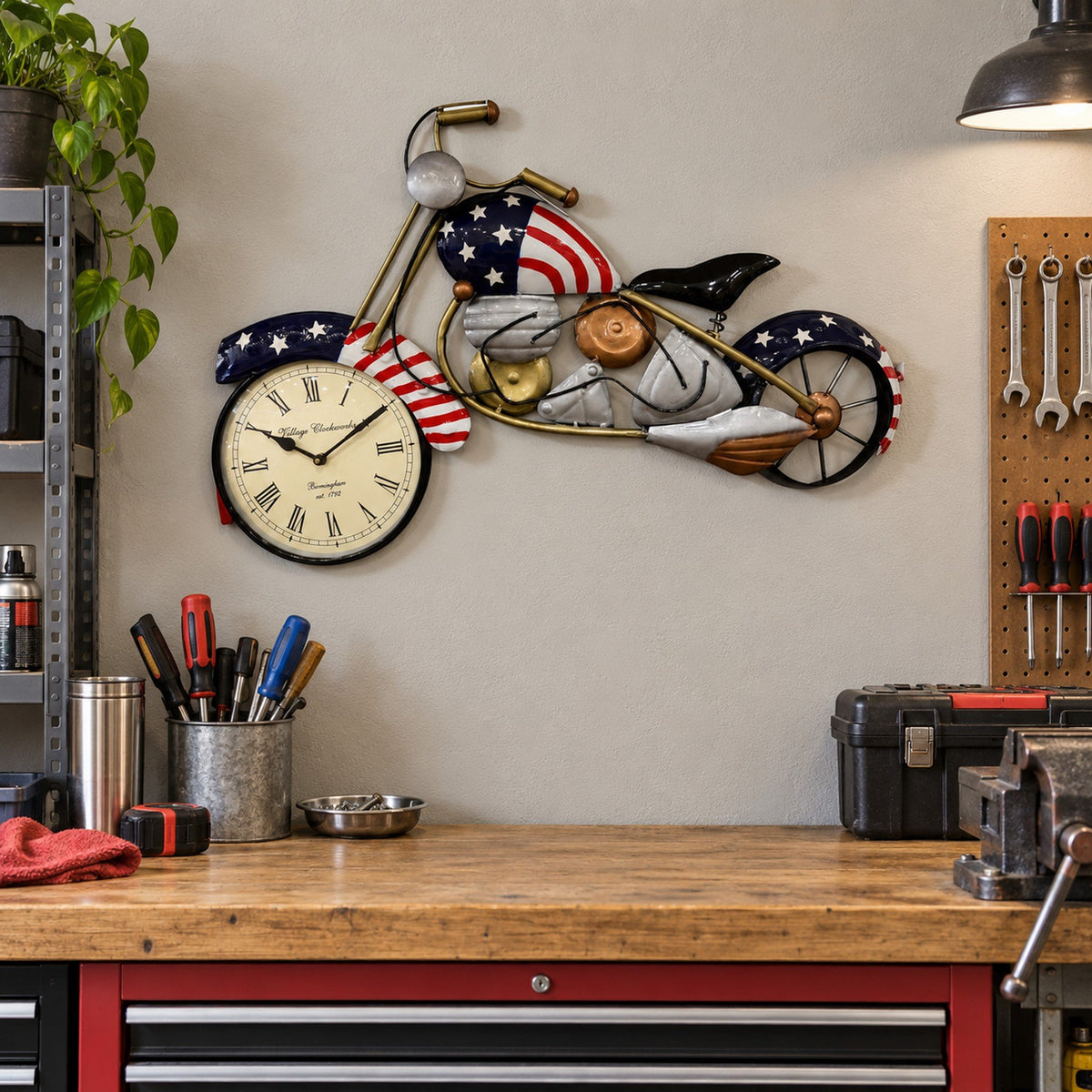 American Flag Motorcycle Wall Clock Decor displayed in a home setting