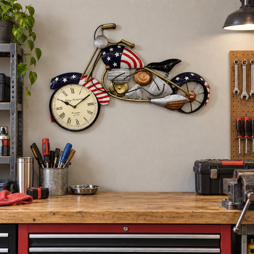 American Flag Motorcycle Wall Clock Decor displayed in a home setting