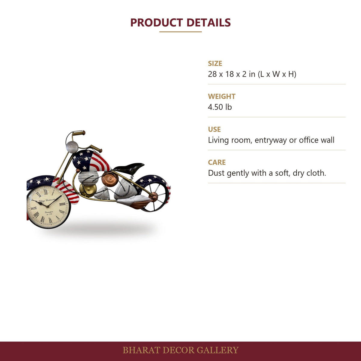 American Flag Motorcycle Wall Clock Decor - size and details