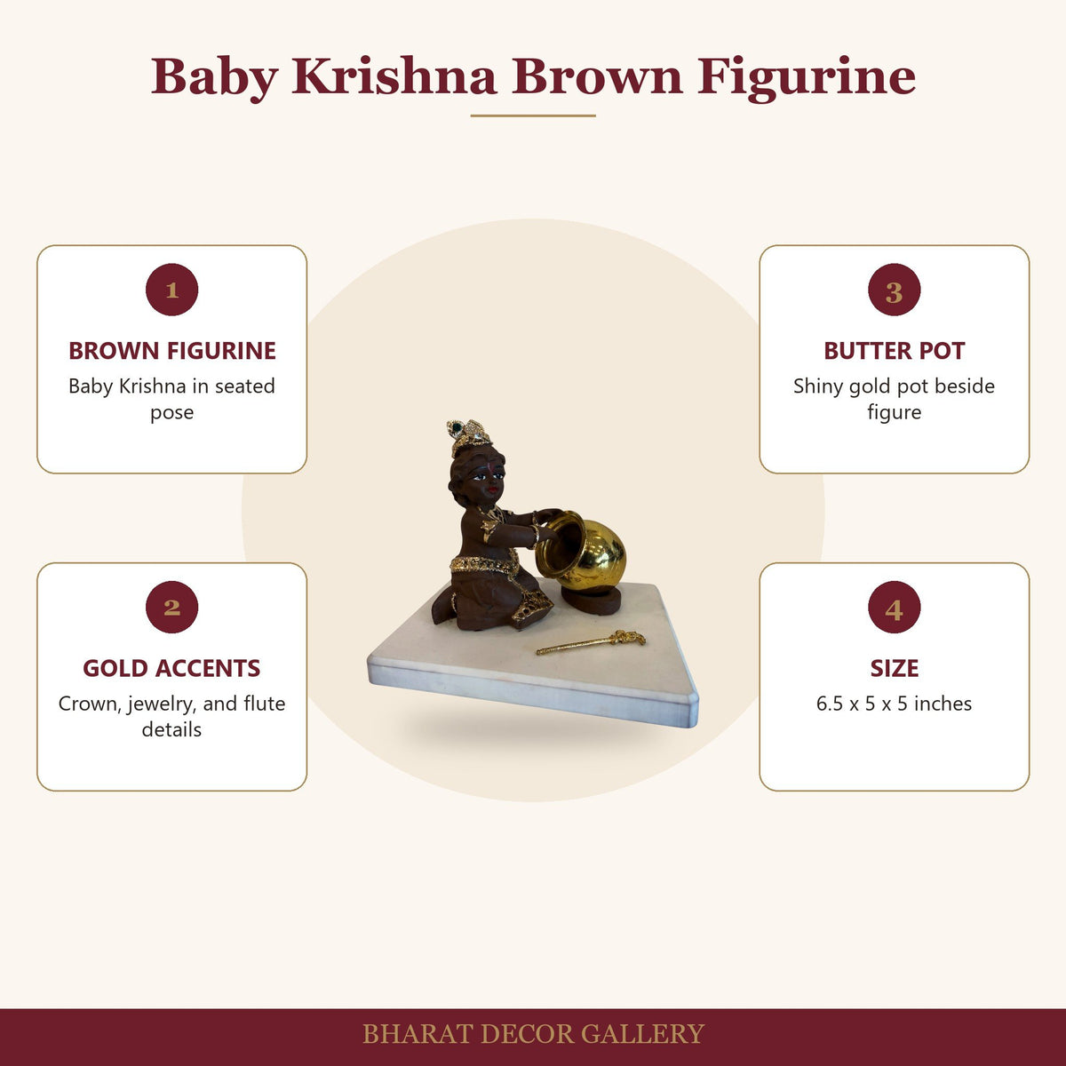Baby Krishna Brown Figurine with Butter Pot - features