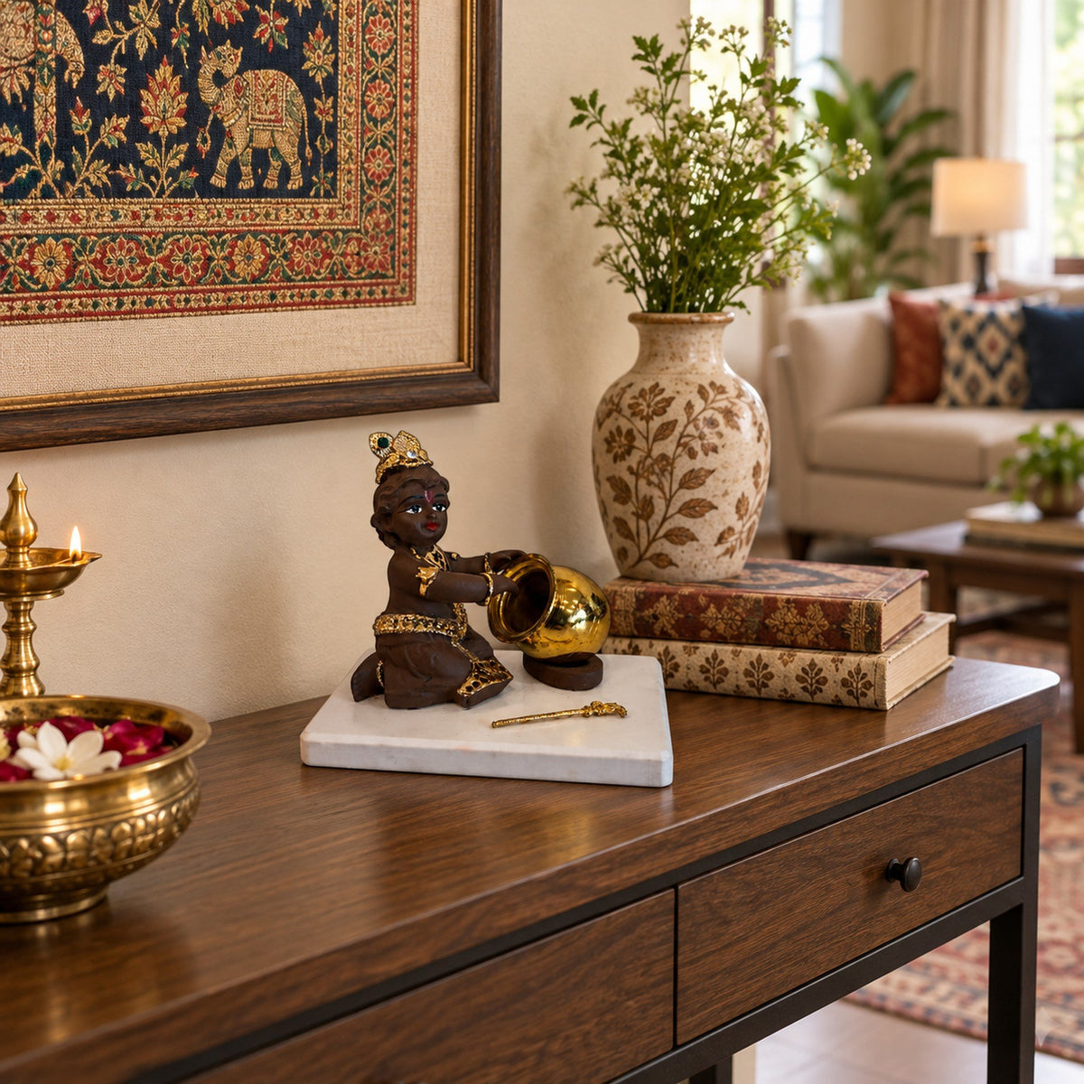 Baby Krishna Brown Figurine with Butter Pot room decor idea