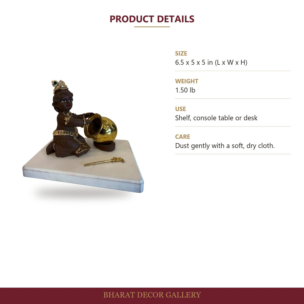 Baby Krishna Brown Figurine with Butter Pot - size and details