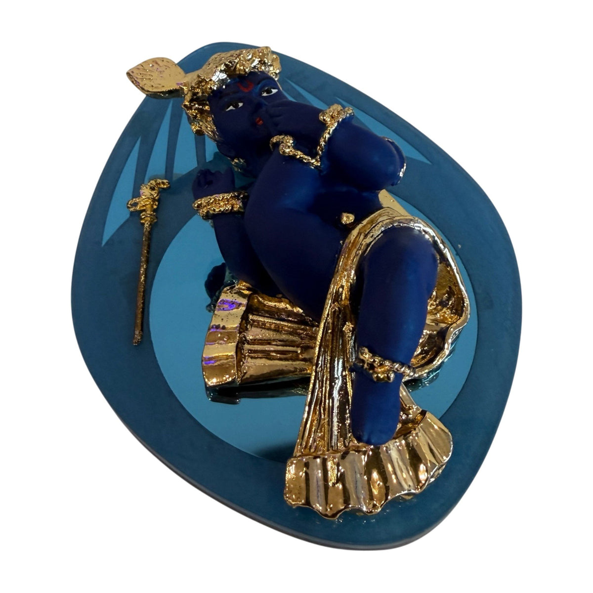 Blue and Gold Baby Krishna Figurine on Leaf Base