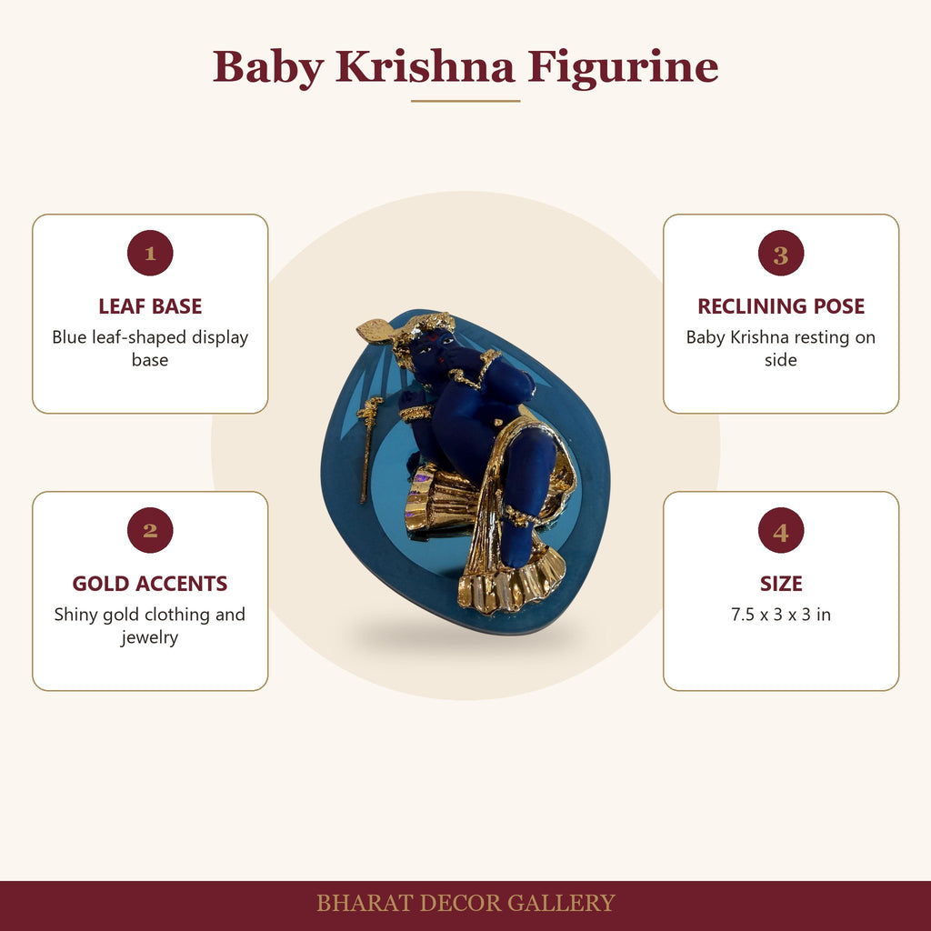 Blue and Gold Baby Krishna Figurine on Leaf Base - features