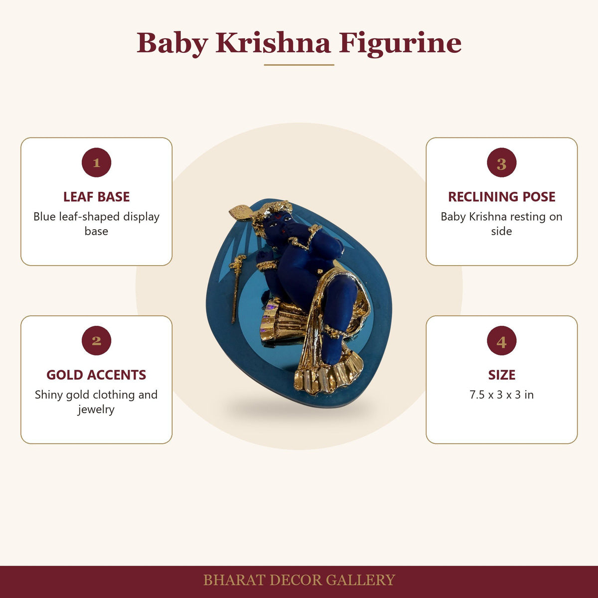 Blue and Gold Baby Krishna Figurine on Leaf Base - features