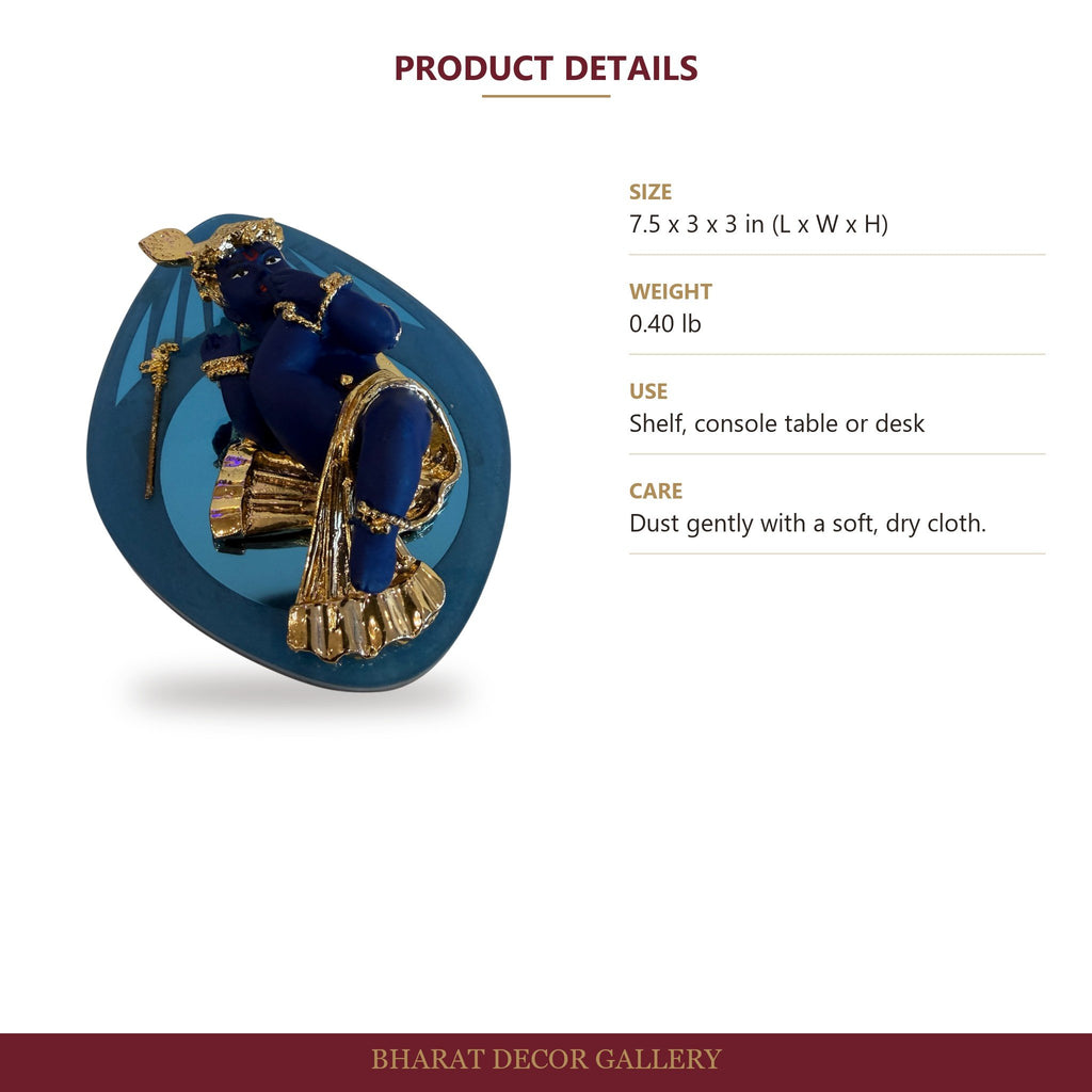 Blue and Gold Baby Krishna Figurine on Leaf Base - size and details