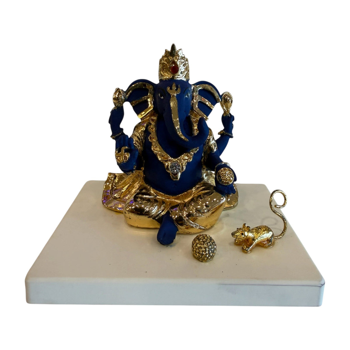 Blue and Gold Ganesh Idol on Marble-Look Base