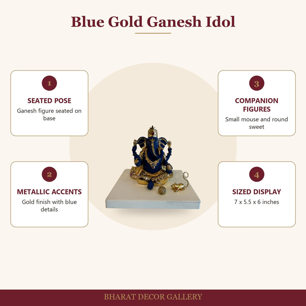 Blue and Gold Ganesh Idol on Marble-Look Base - features