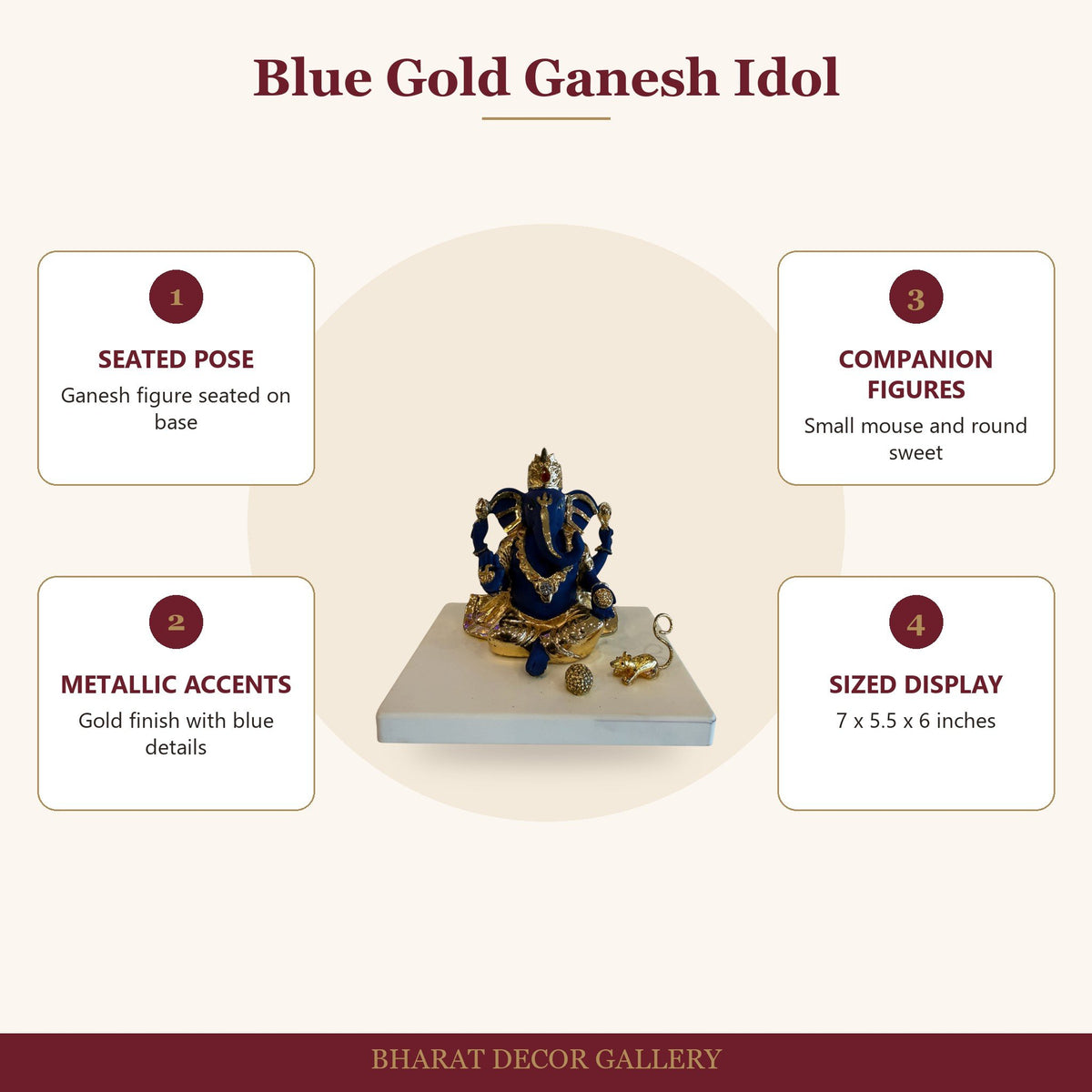 Blue and Gold Ganesh Idol on Marble-Look Base - features