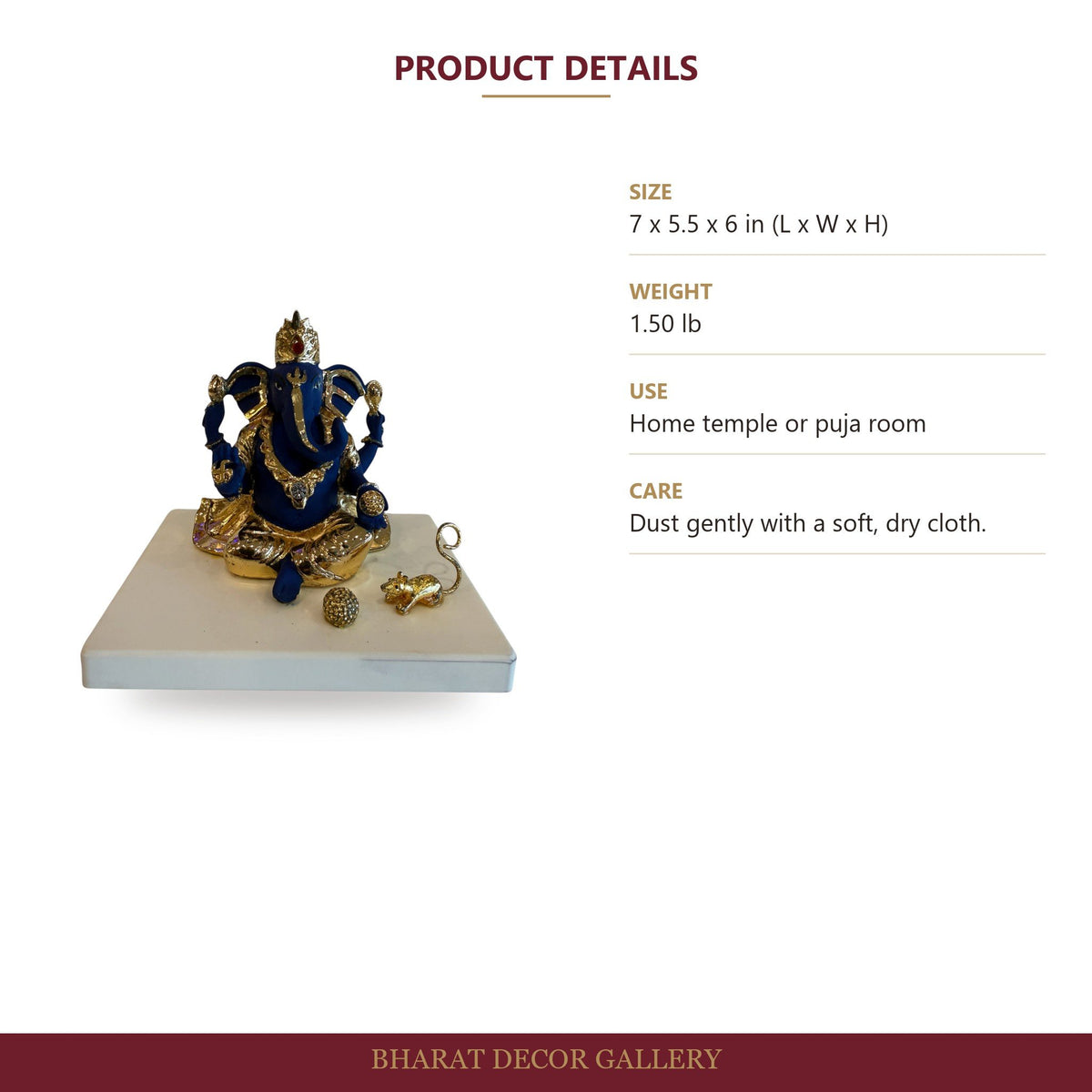 Blue and Gold Ganesh Idol on Marble-Look Base - size and details