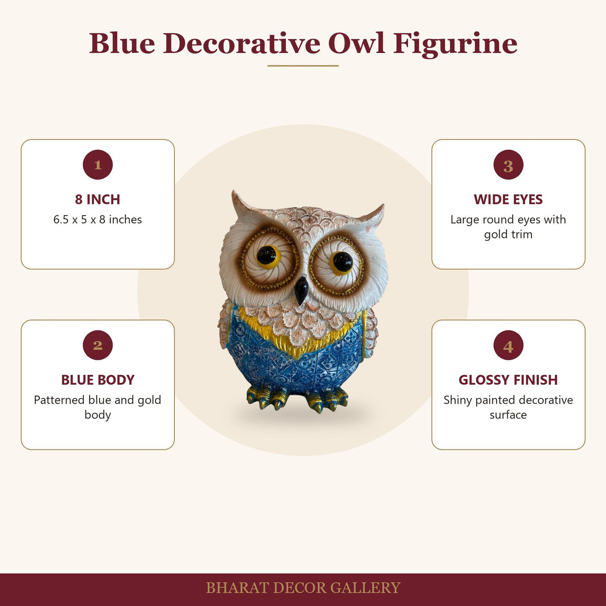 Blue Decorative Owl Figurine - 8 Inch - features