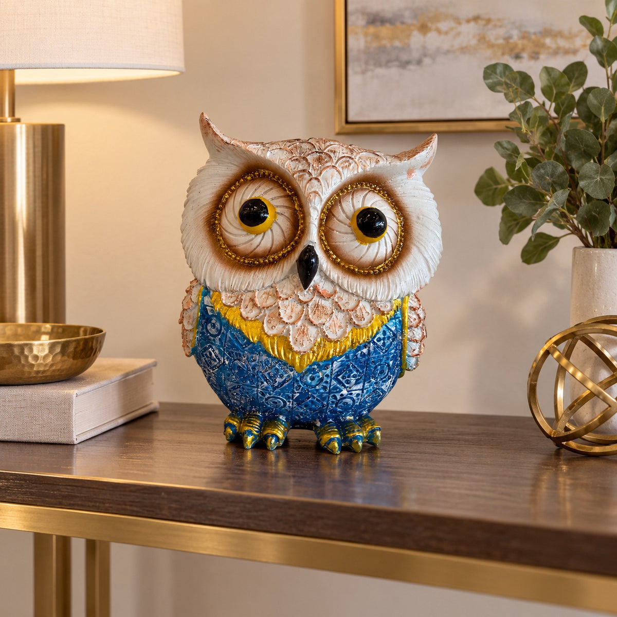 Blue Decorative Owl Figurine - 8 Inch displayed in a home setting