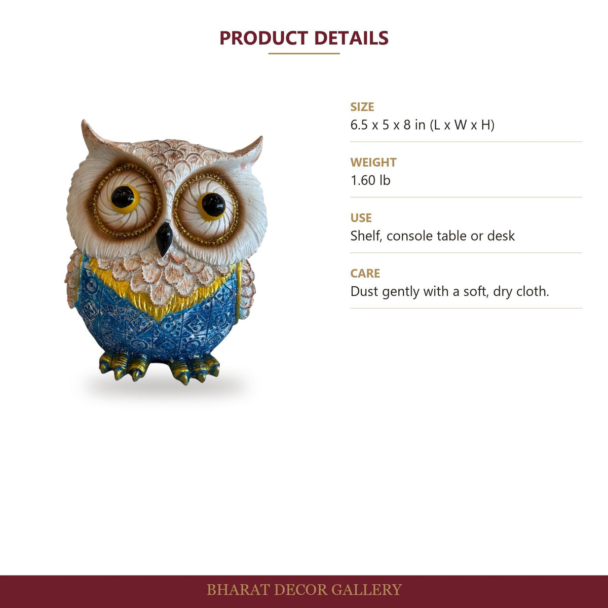 Blue Decorative Owl Figurine - 8 Inch - size and details