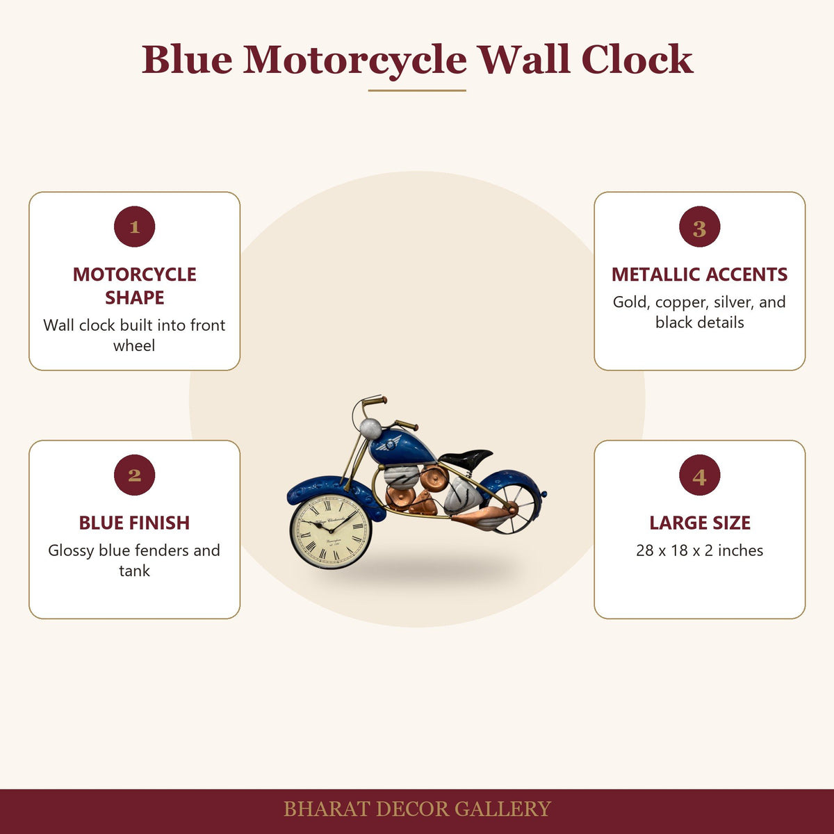 Blue Motorcycle Wall Clock Decor - 28 Inch - features