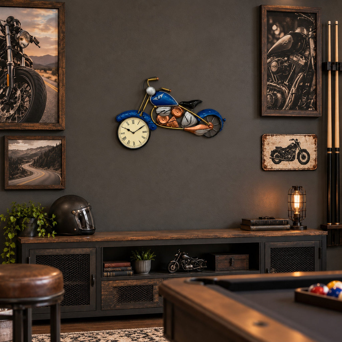 Blue Motorcycle Wall Clock Decor - 28 Inch displayed in a home setting