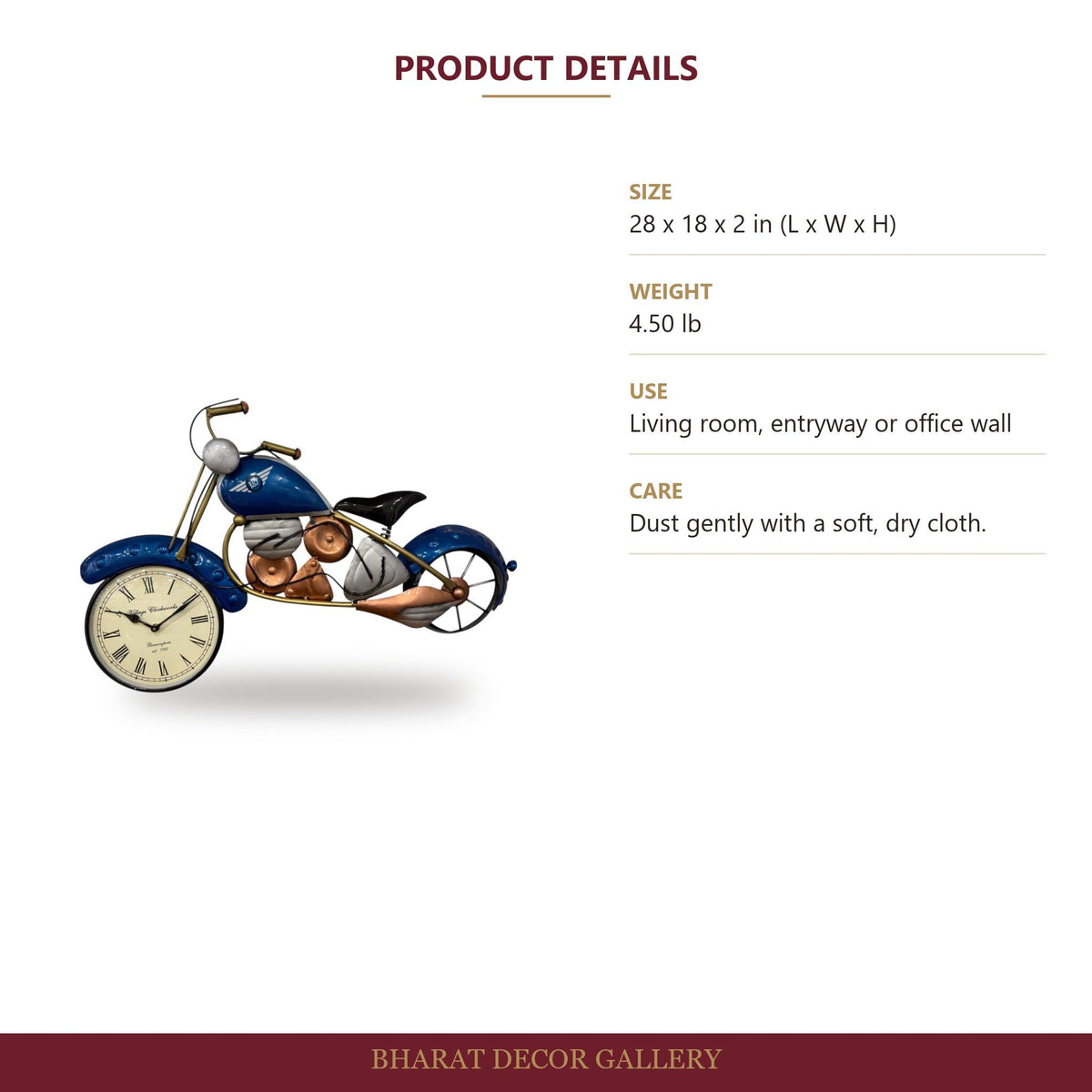 Blue Motorcycle Wall Clock Decor - 28 Inch - size and details