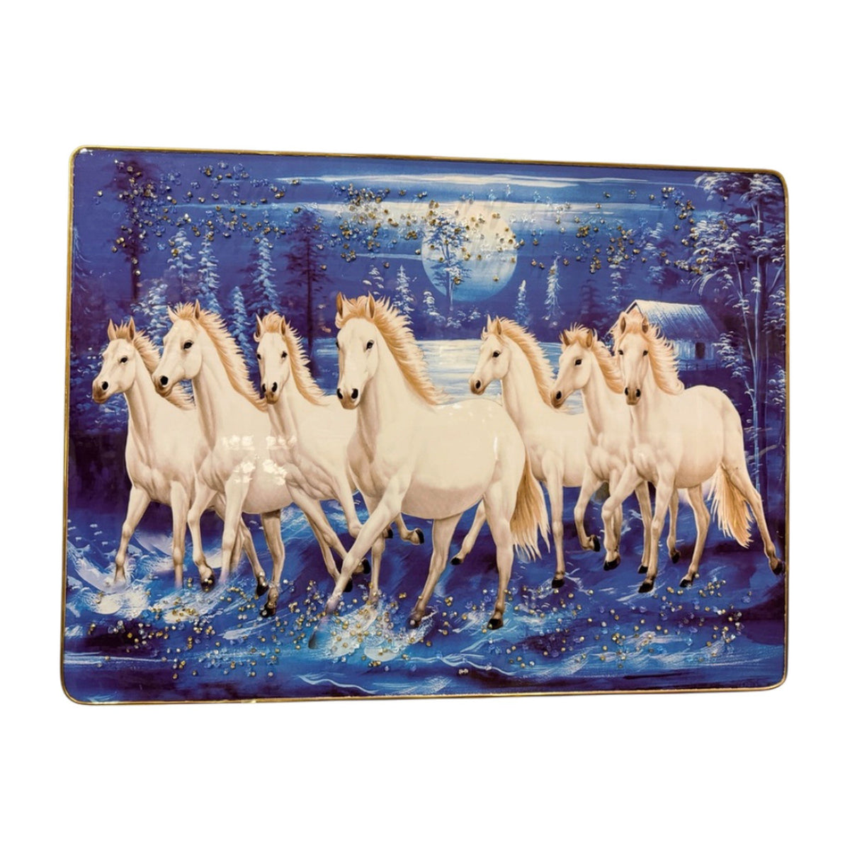 Blue Seven Horses Wall Art - 25 x 19 Inch