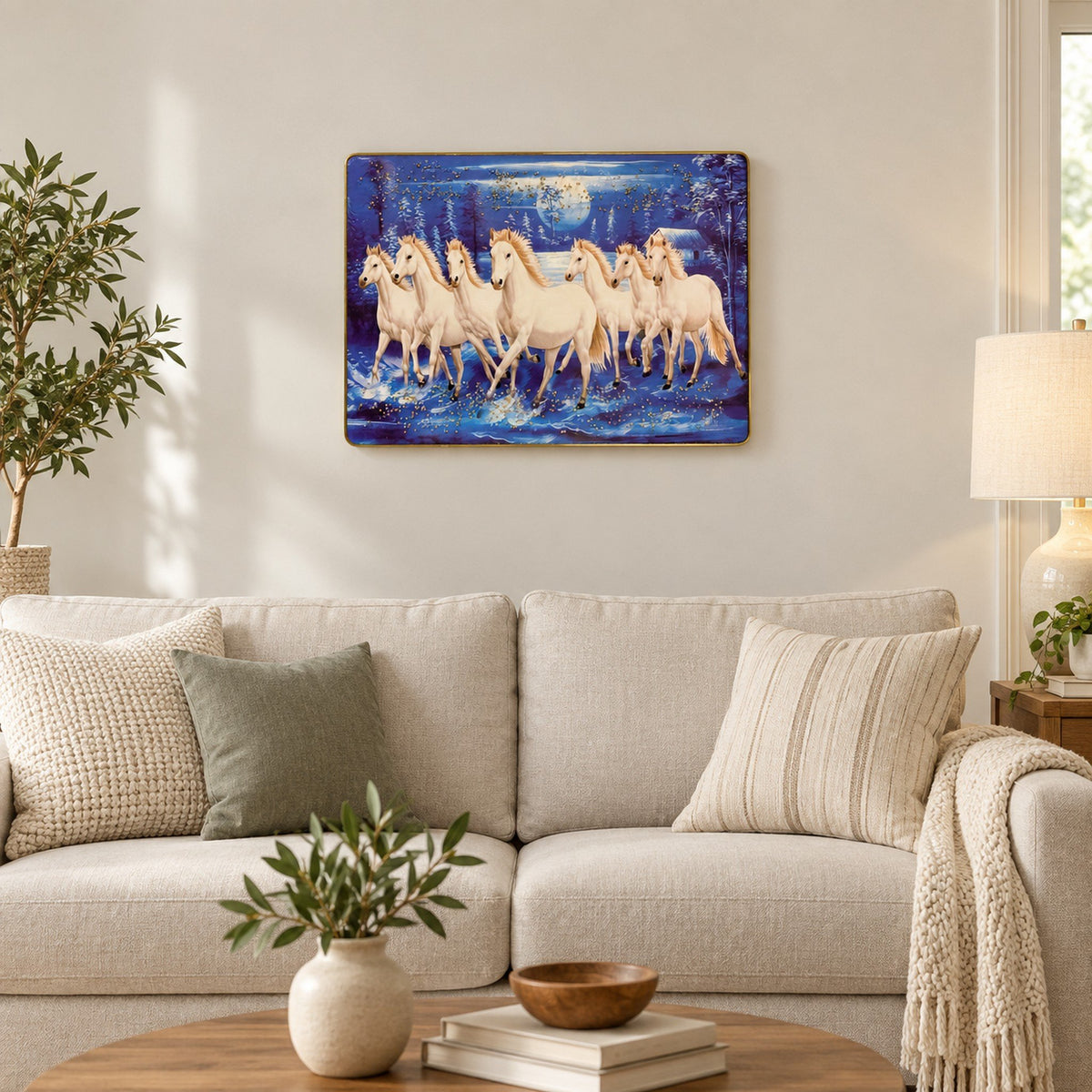 Blue Seven Horses Wall Art - 25 x 19 Inch displayed in a home setting