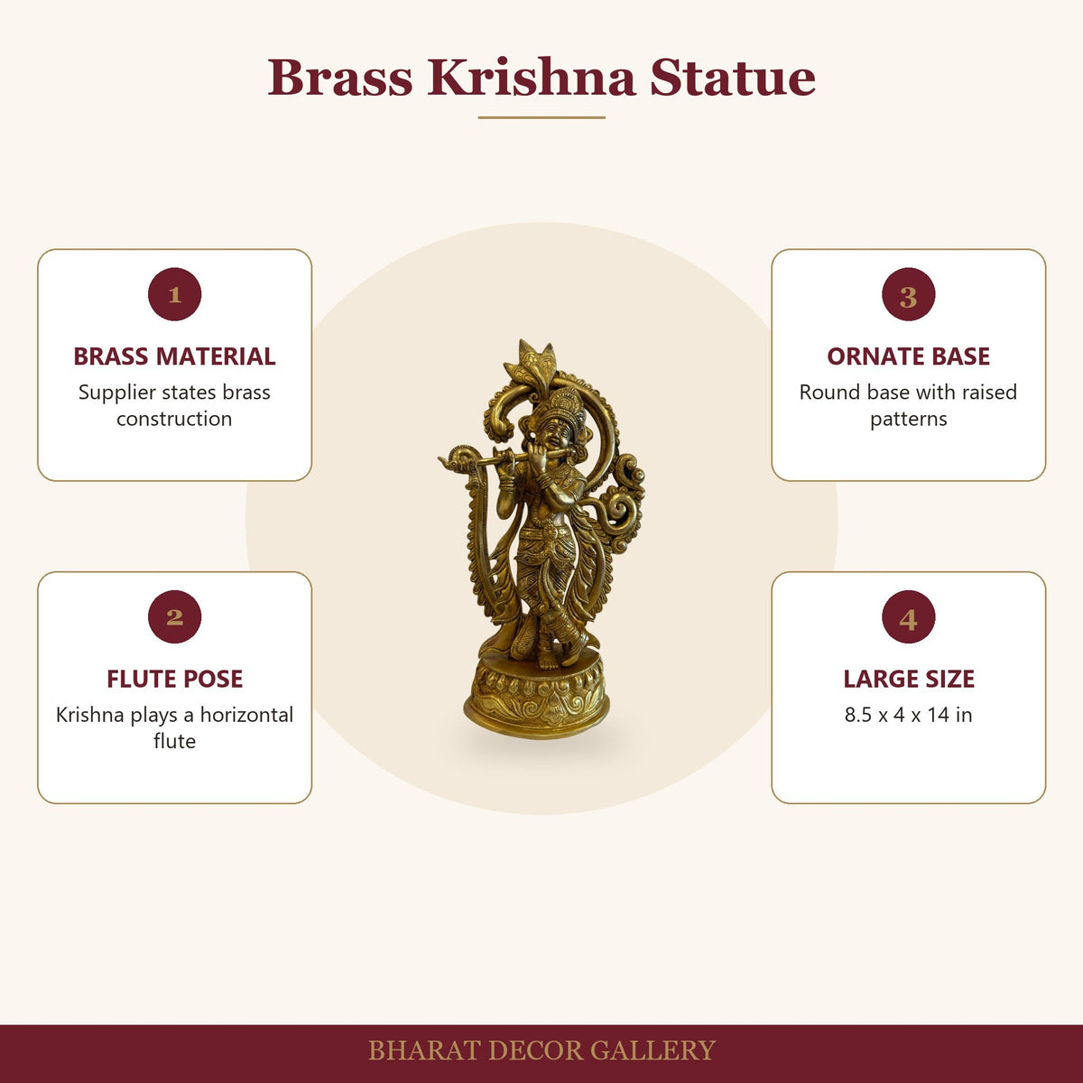 Brass Krishna Statue - Large - features