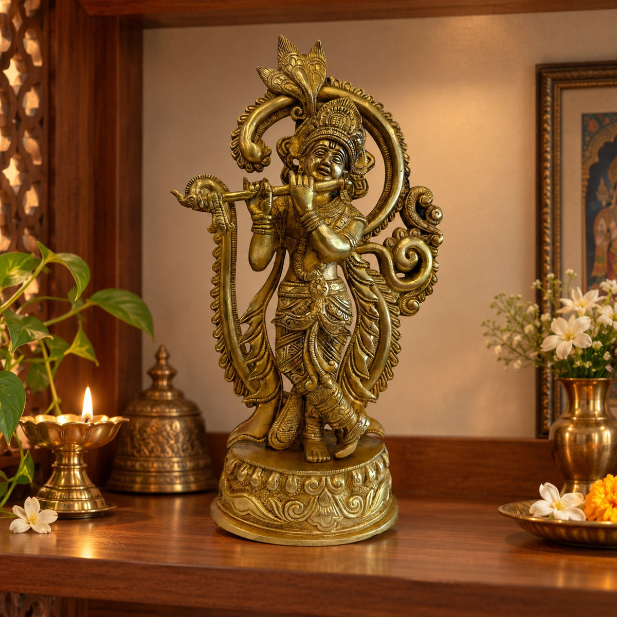 Brass Krishna Statue - Large displayed in a home setting