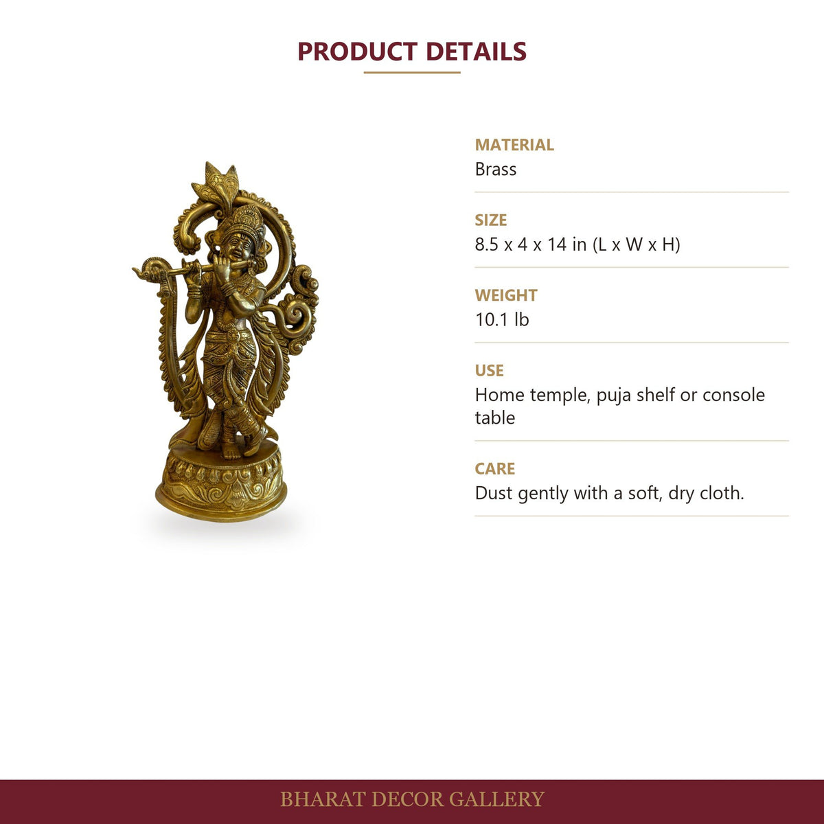 Brass Krishna Statue - Large - size and details