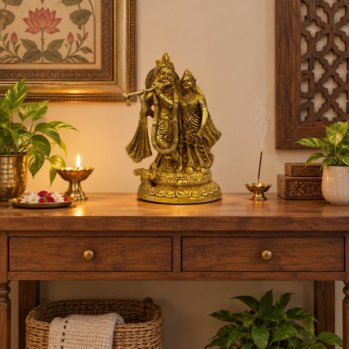 Brass Radha Krishna Statue - Large displayed in a home setting