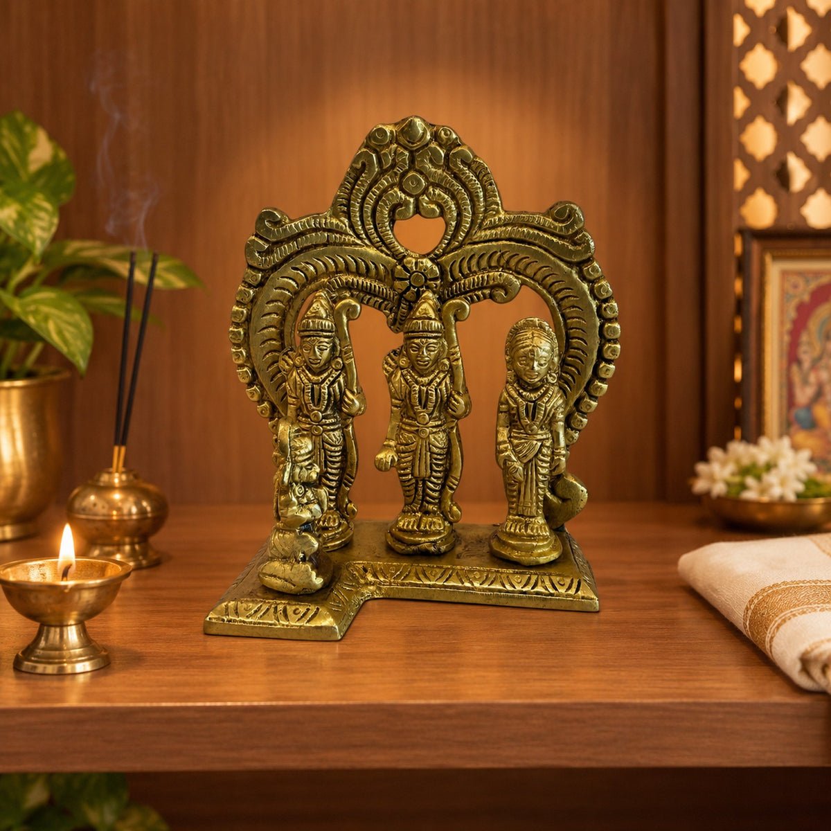 Brass Ram Darbar Statue - Medium displayed in a home setting