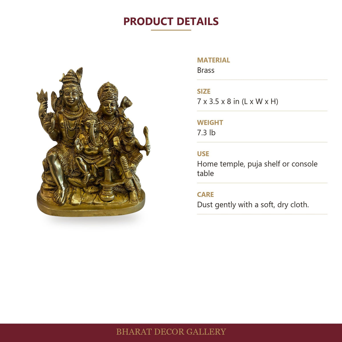 Brass Shiv Parivar Statue - Medium - size and details