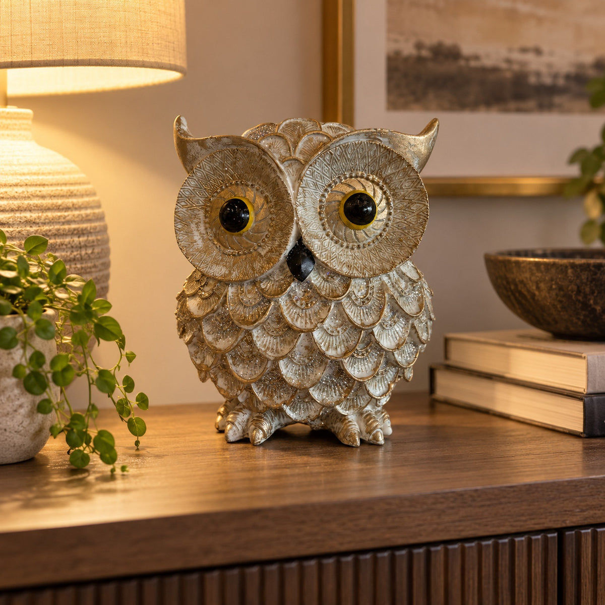 Grey Owl Figurine with Gold Accents displayed in a home setting
