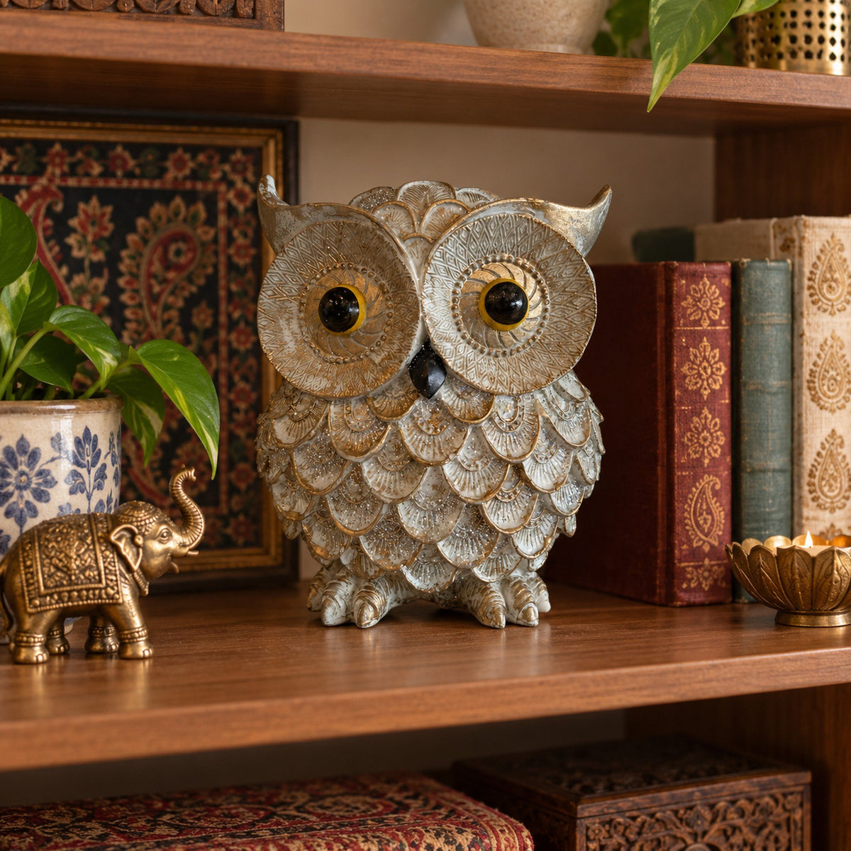 Grey Owl Figurine with Gold Accents room decor idea