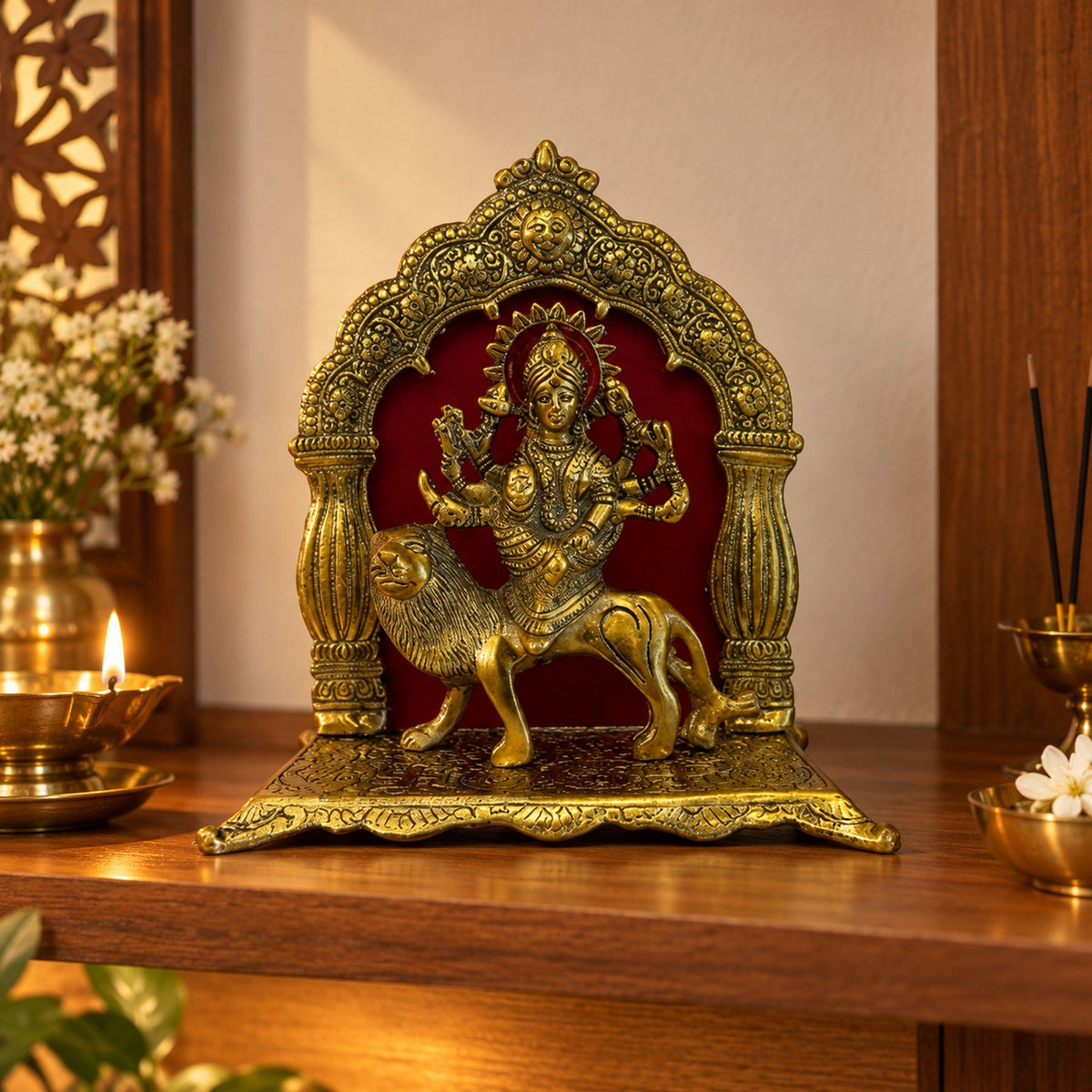 Metal Durga Mata Idol with Arch - 9.5 in displayed in a home setting