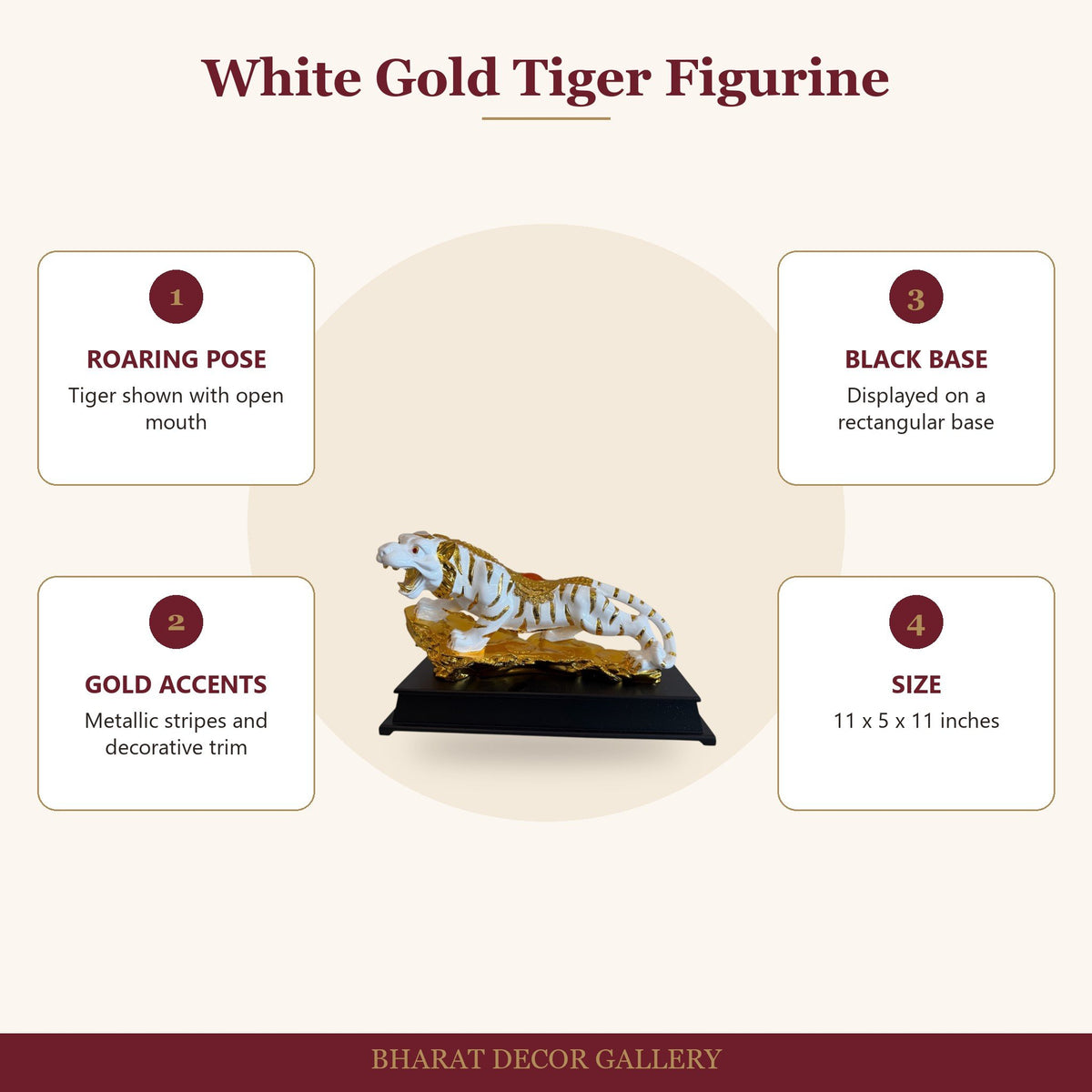 White and Gold Tiger Figurine on Base - features