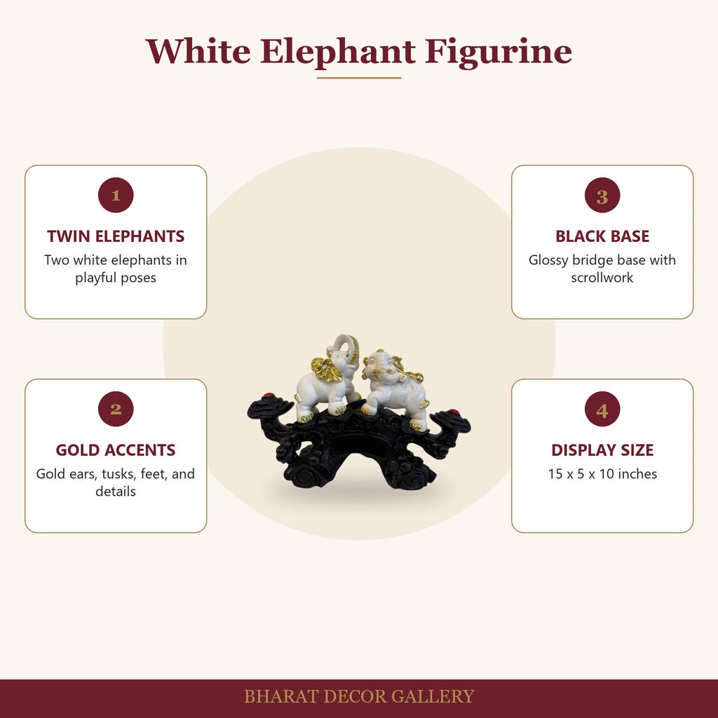 White Elephant Figurine on Black Bridge Base - features