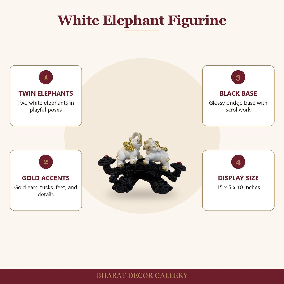 White Elephant Figurine on Black Bridge Base - features