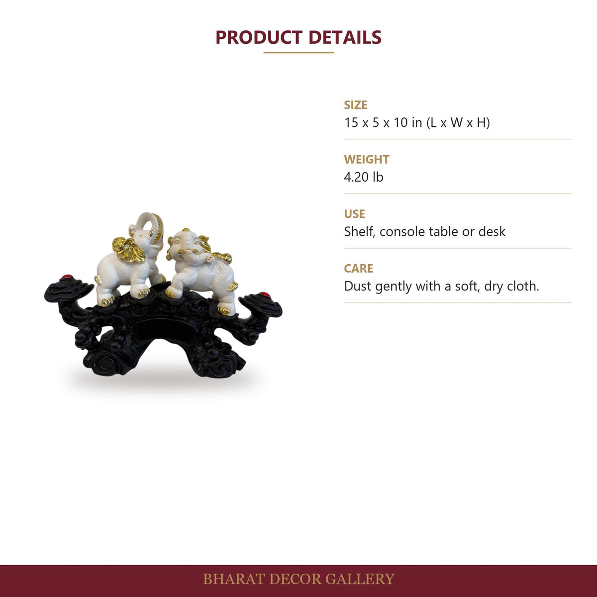 White Elephant Figurine on Black Bridge Base - size and details